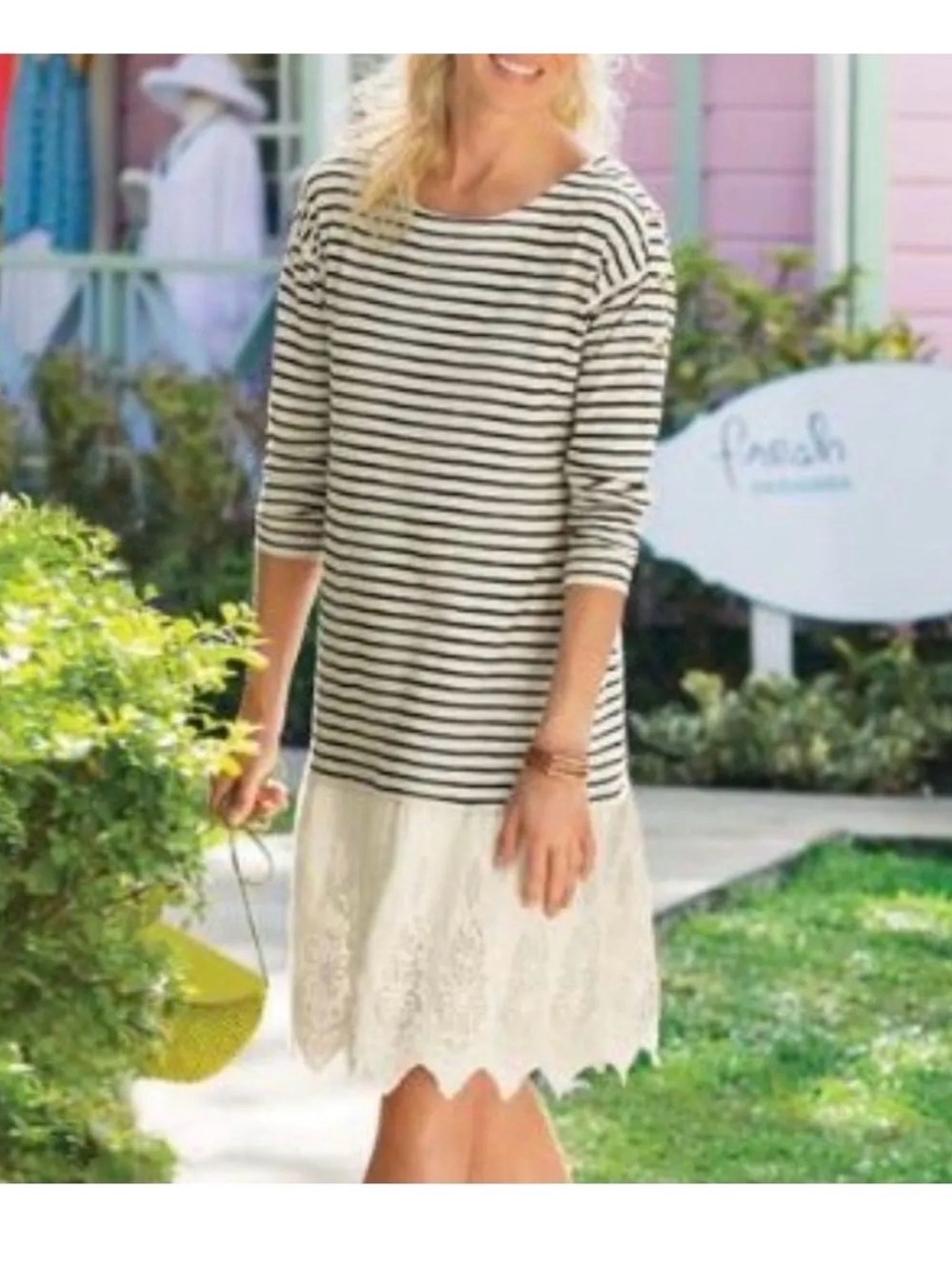 Soft Surroundings Cream and Black Striped Long Sleeve Dress with Lace Hem